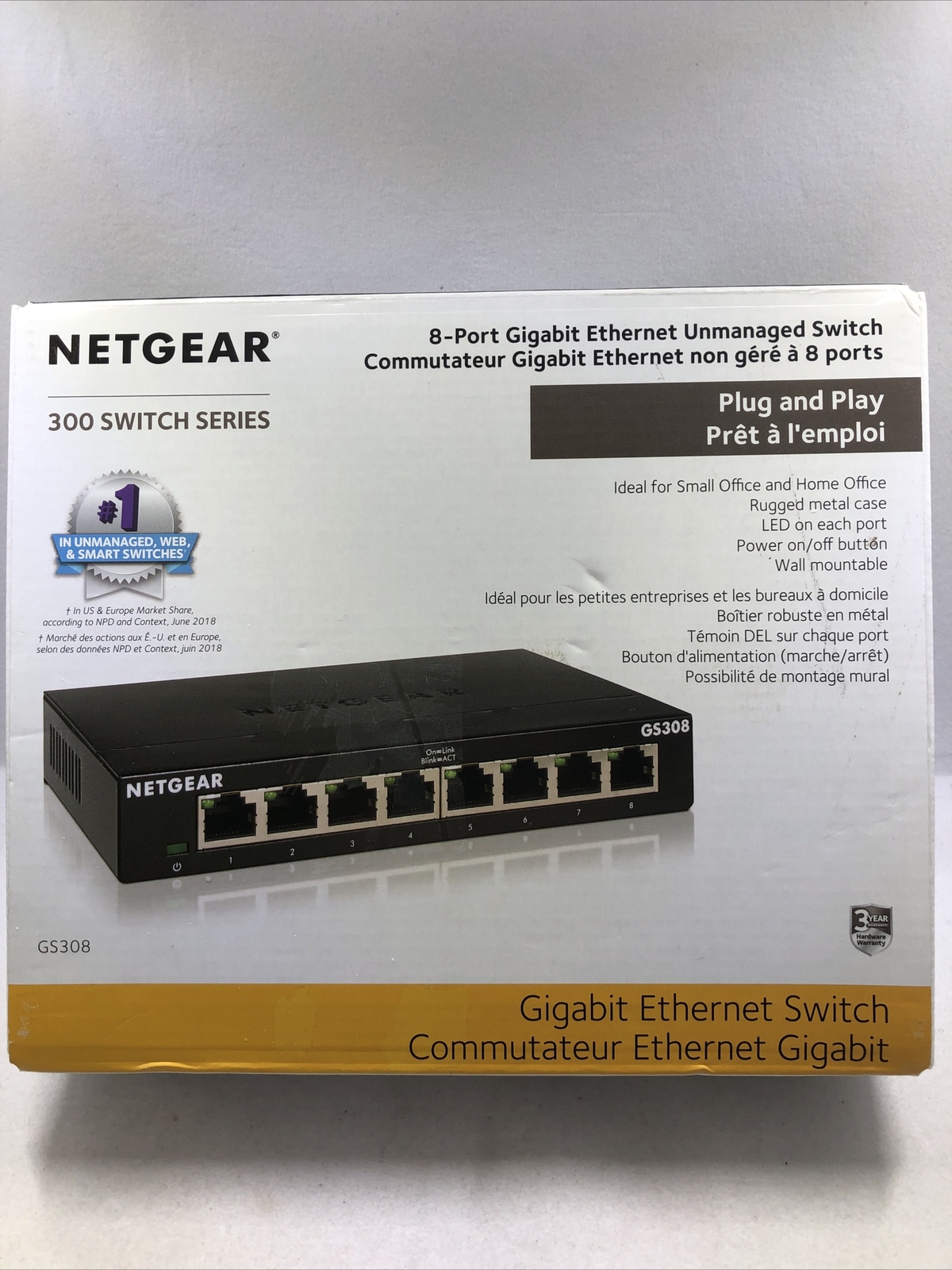 NETGEAR GS308 V3 Gigabit Unmanaged 8 Port Desktop Ethernet Switch wall mountable