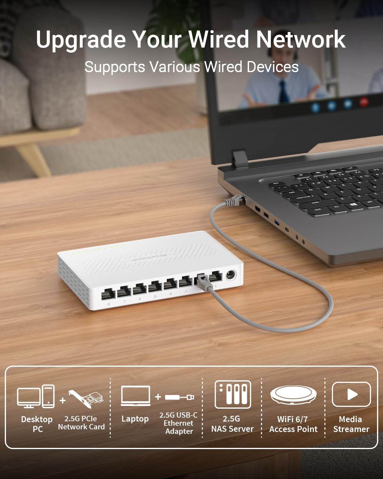 2.5Gb Switch, 8 Port Network Switch 2.5 Gigabit, Unmanaged Ethernet Switch fo…