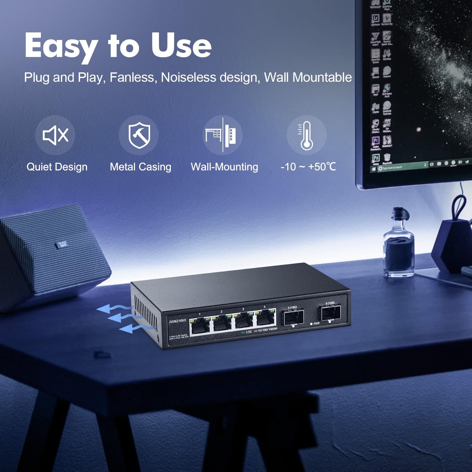 4 Port 2.5G Network Switch 2x10G SFP Hub Splitter Fanless Unmanaged Metal
