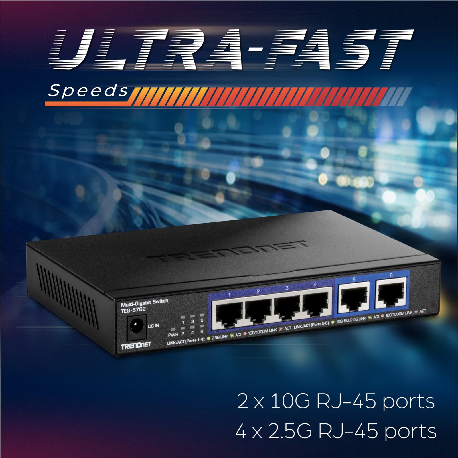 TRENDnet 6-Port 10G Switch 4 x 2.5G RJ-45 Base-T Ports TEGS762