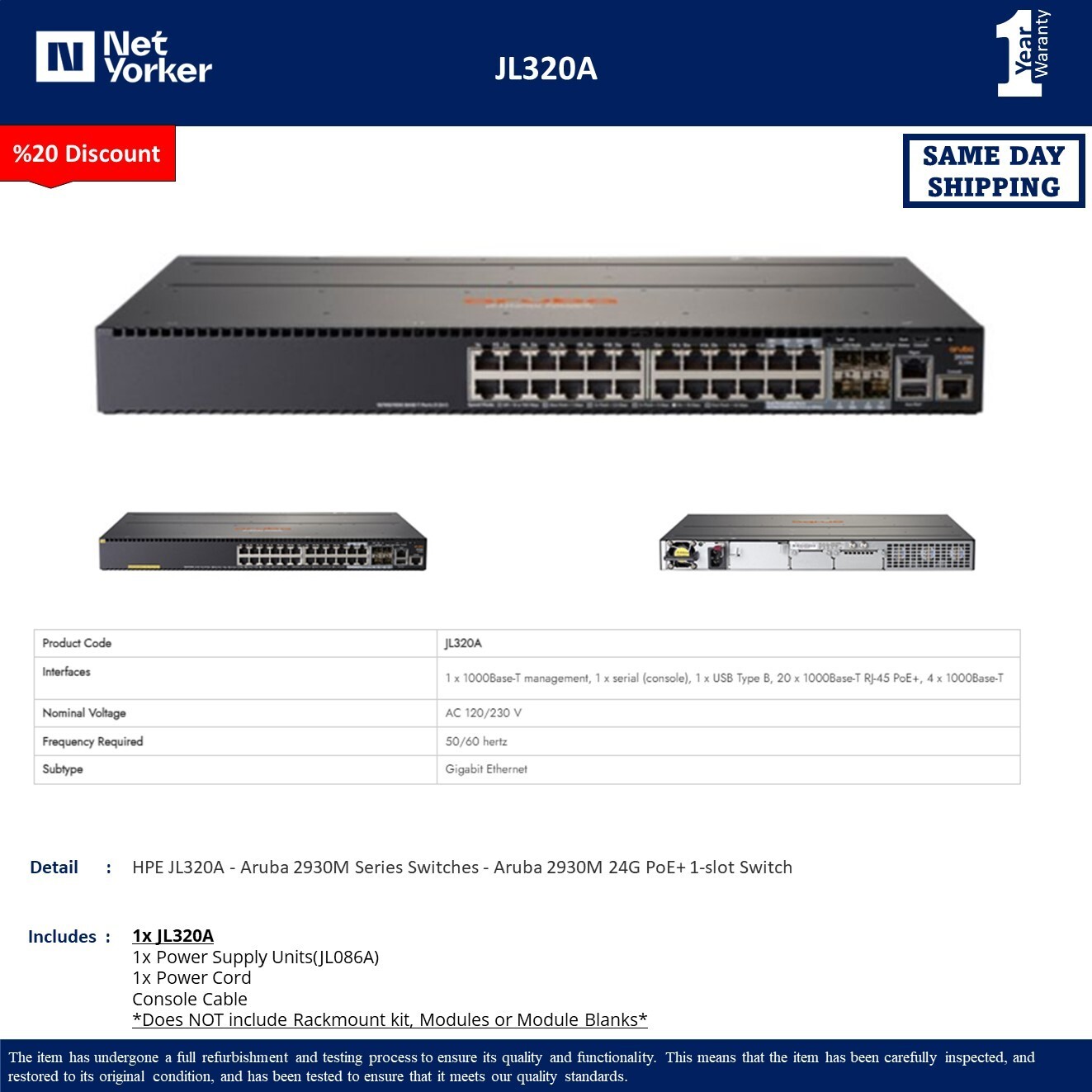 HPE Aruba JL320A 2930M 24 Port PoE+ with 1-slot Gigabit Switch -Same Day Shipp