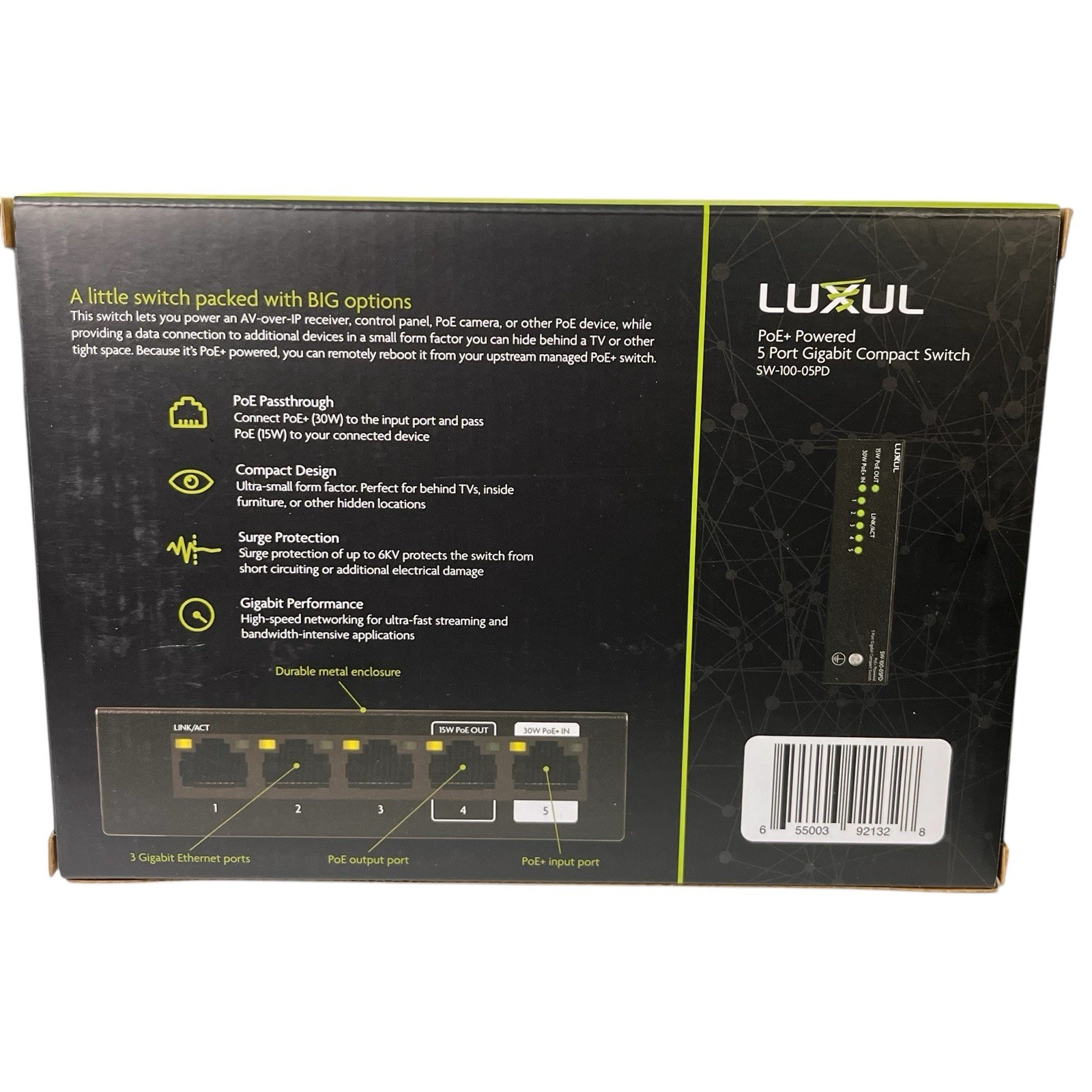 NIB Luxul PoE+ Powered 5 Port Gigabit Compact Switch SW-100-05PD Black