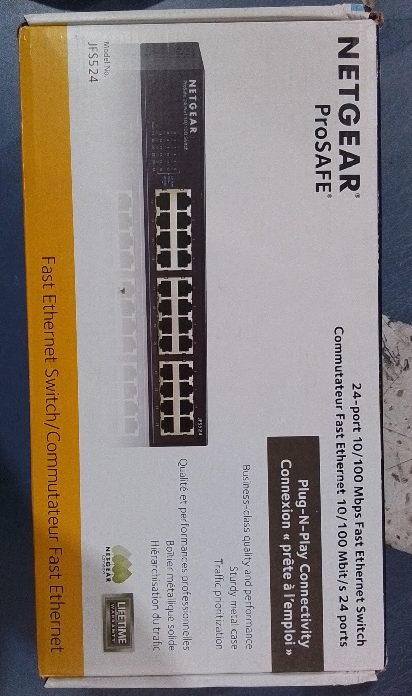 Netgear ProSAFE 24-Port 10/100 Mbps Fast Ethernet Switch JFS524 New Sealed