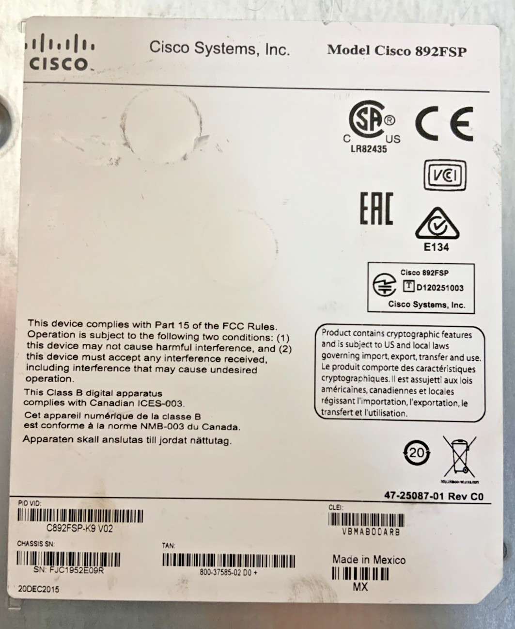 Cisco 800 Series 892FSP Gigabit Ethernet Switch Wired Security Router 25D