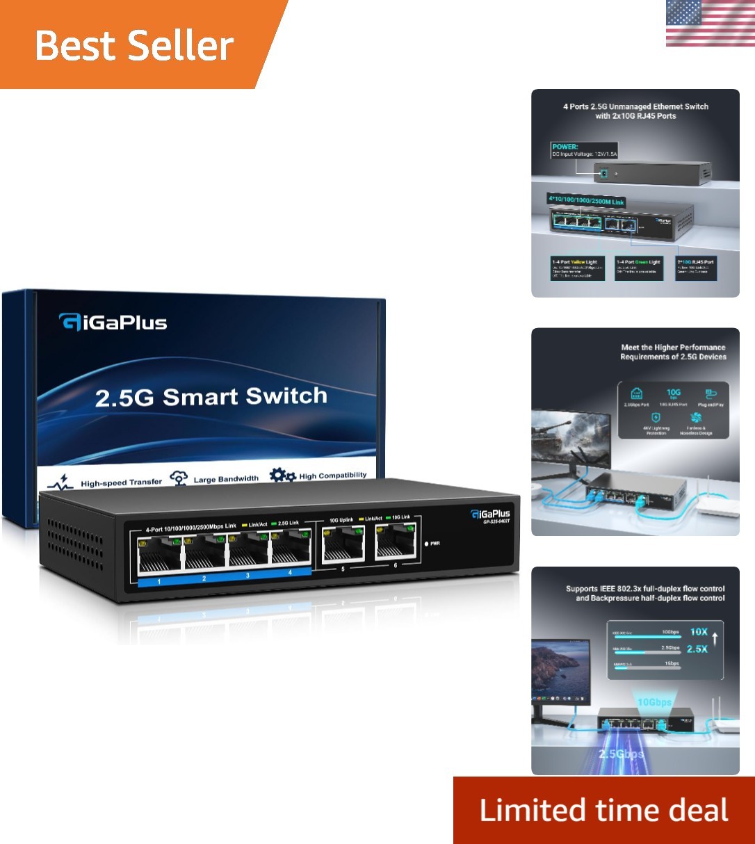 6 Ports 10Gb Unmanaged Ethernet Switch with 4*2.5G Base-T Ports, 2*10G RJ45 P…