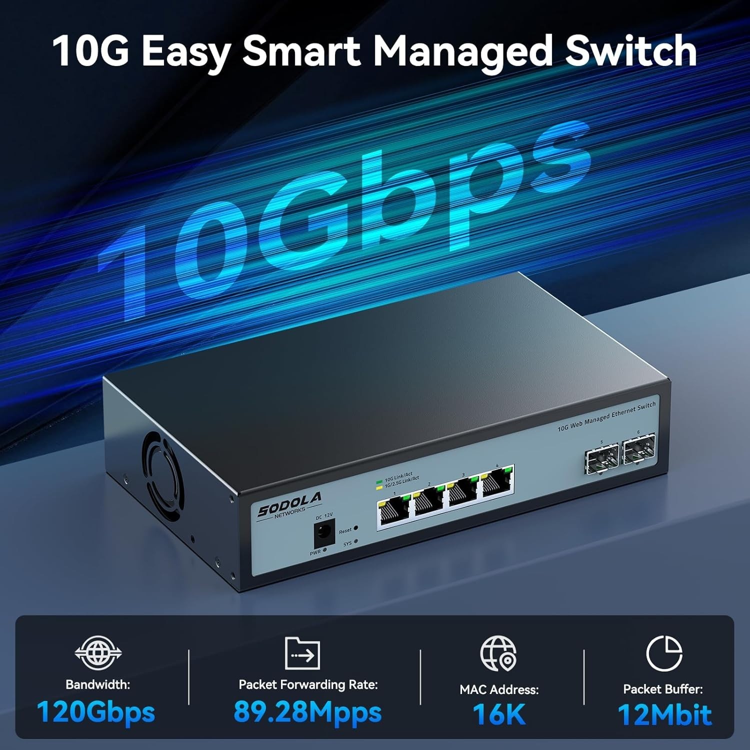 6-Port 10G Easy Web Managed Switch 4x10G RJ45 2x10G SFP+ VLAN QoS IGMP