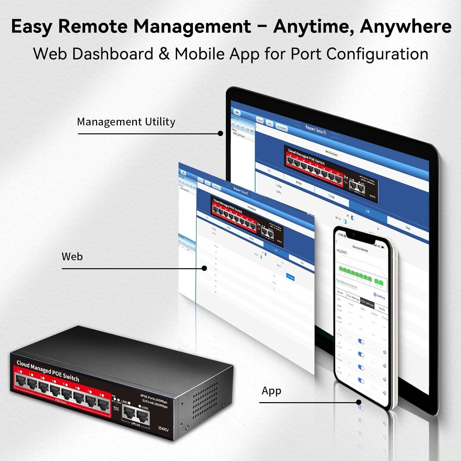 Compact 8 Port Managed Ethernet PoE Switch – 120W, Fanless, Wall Mountable