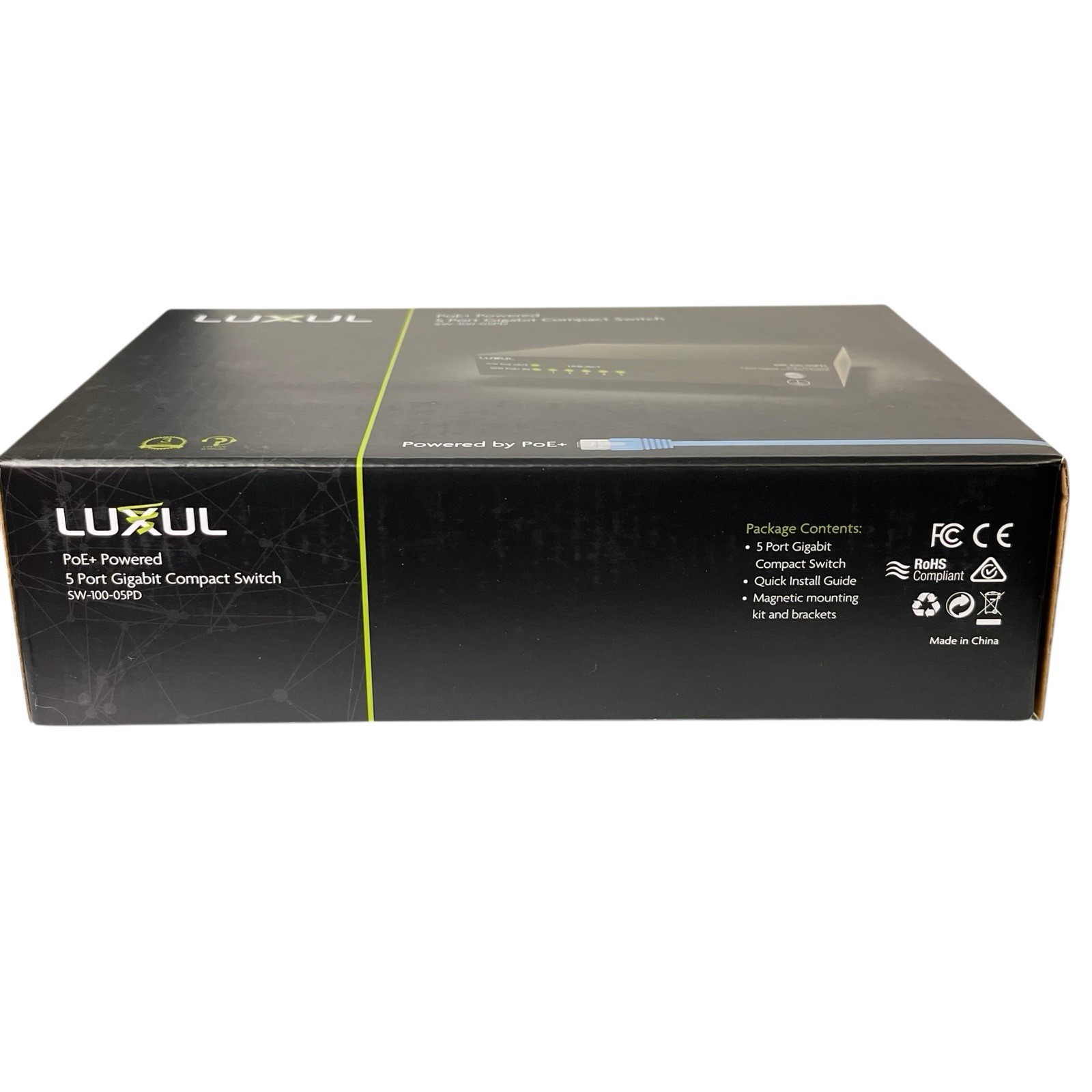 NIB Luxul PoE+ Powered 5 Port Gigabit Compact Switch SW-100-05PD Black