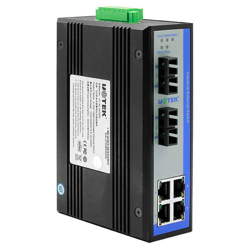 Industrial Grade 100M Network Unmanaged Ethernet Switch 2 Fibers 4 RJ45 Ports SC
