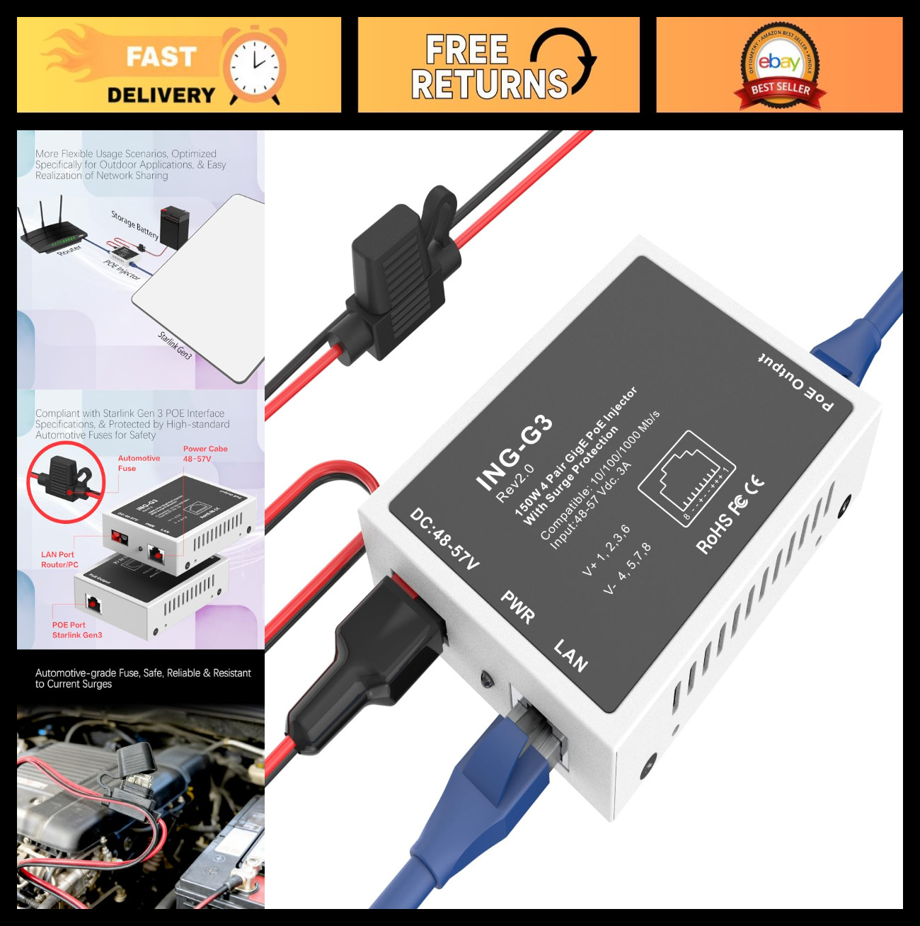 150W PoE Gigabit Ethernet Injector for Starlink, Surge Protection, 48-57V, 10/10