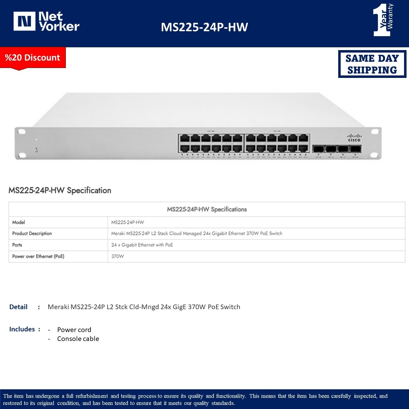 Cisco Meraki MS225-24P-HW 24 Port PoE Switch – UNCLAIMED – Same Day Shipping