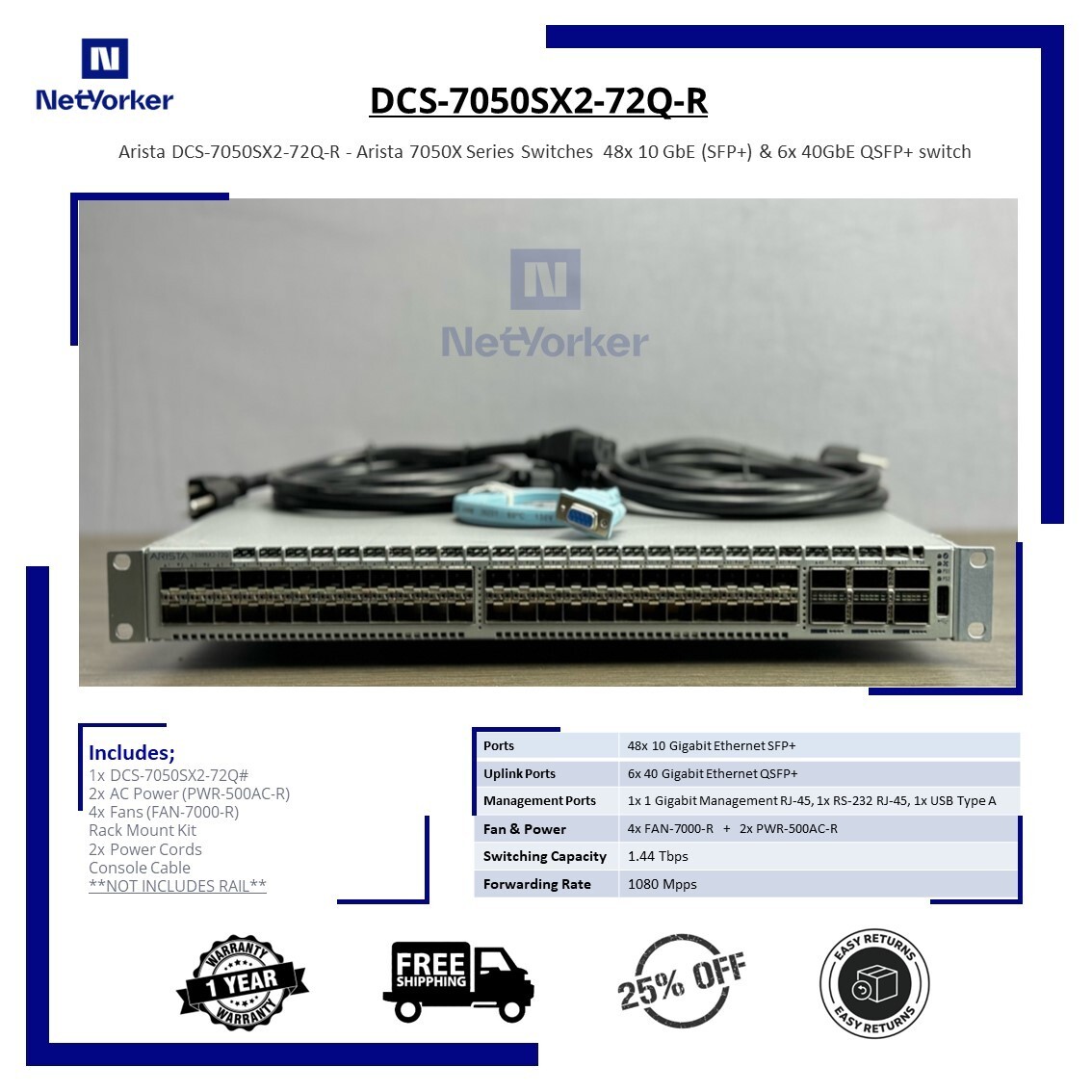 Arista DCS-7050SX2-72Q-R 48 Port 10GB SFP+ 6x 40GB QSFP+ B-F Switch