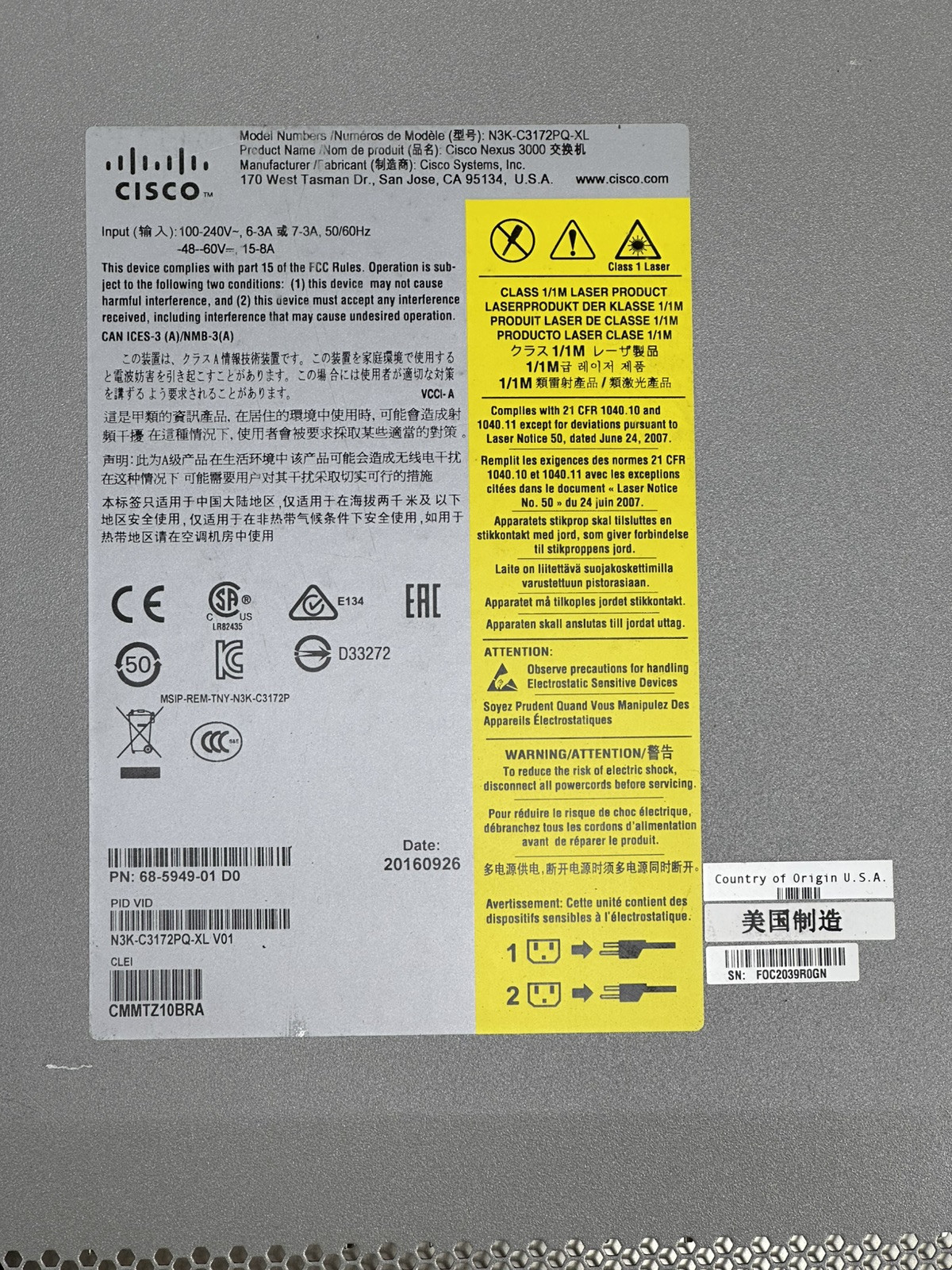 Cisco N3K-C3172PQ-XL 48x 10GbE SFP+ & 6x 40GbE QSFP+ 2x 400W PSU+Rackmounts 8GB