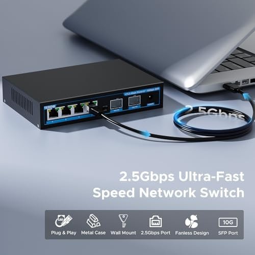 Network Ethernet Switch,2.5 Gigabit Portable, Plug&Play,Fanless Housing,Black…