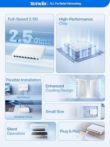 Tenda 8 Port 2.5G Ethernet Switch, Multi-Gigabit 2.5Gb Ethernet Splitter, Unm…