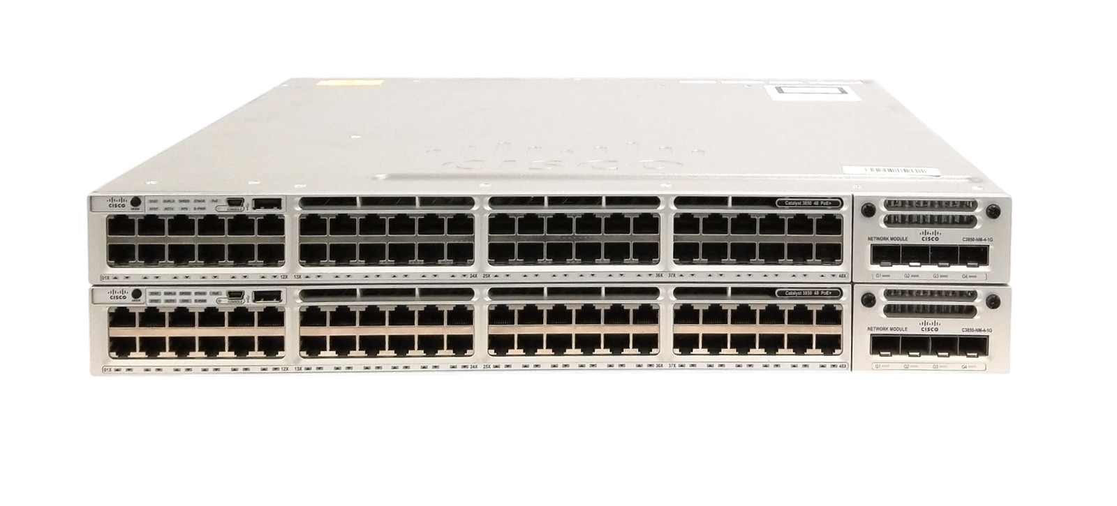 Lot of 2 Cisco WS-C3850-48F-S 48-Port PoE+ Switch w/ C3850-NM-4-1G & 1x 715WAC-P