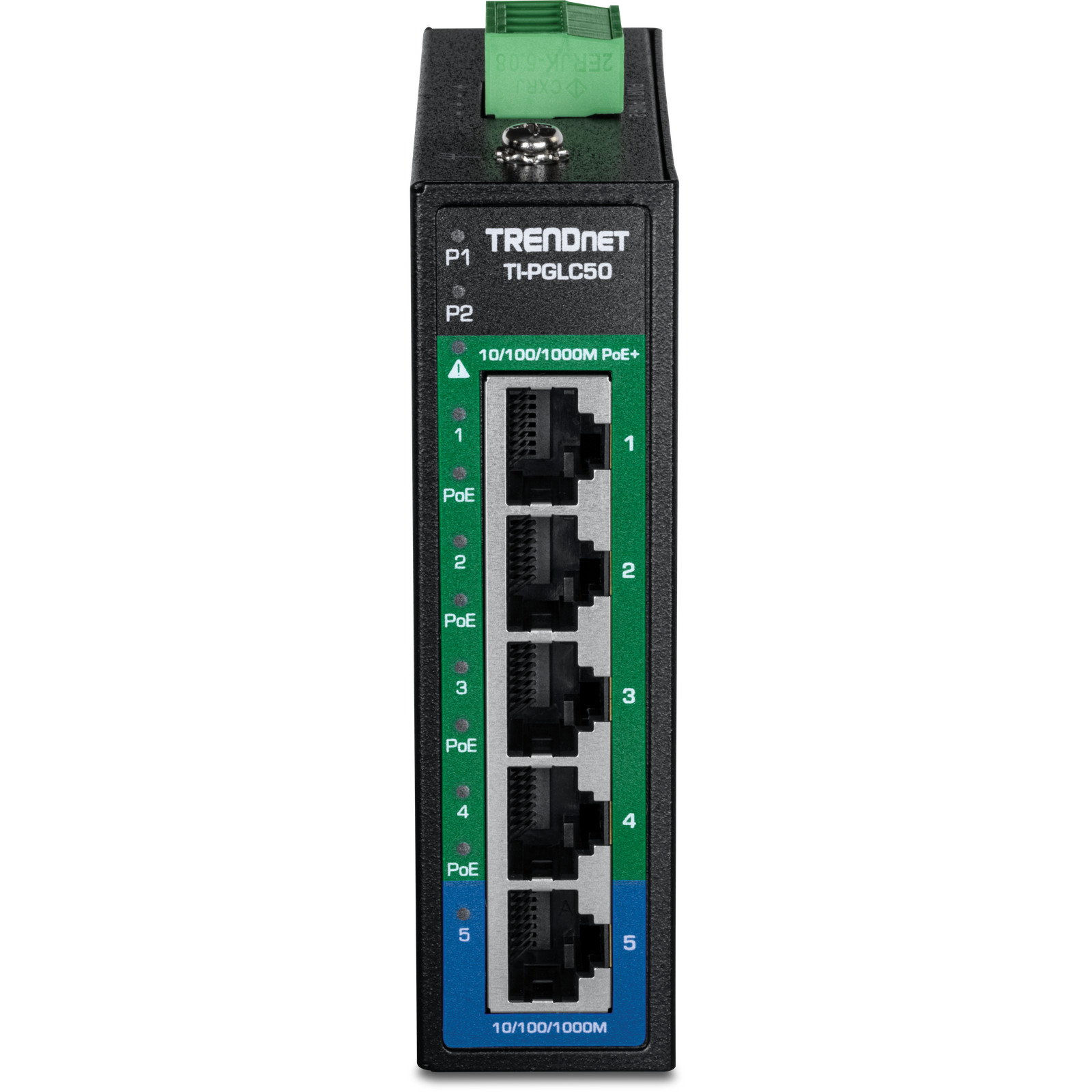 TRENDnet TI-PGLC50, 5-Port Industrial Gigabit PoE+ DIN-Rail Mini Switch