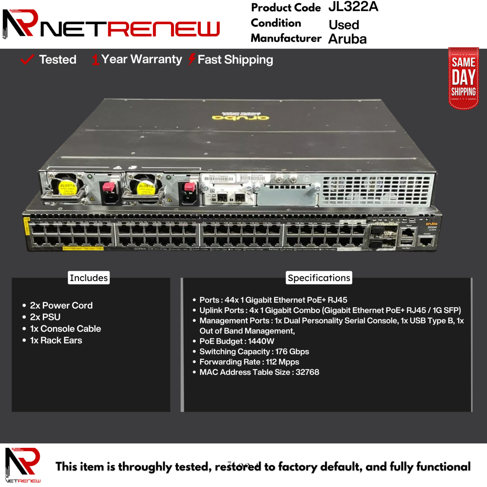 JL322A Hpe Aruba 2930M Dual AC 48 Port PoE+ Switch