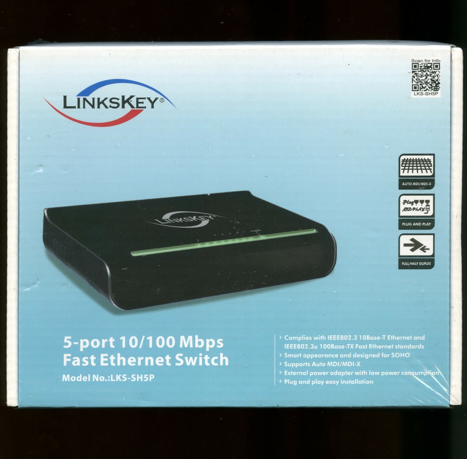 LinksKey LKS-SH5P 5-Port 10/100 Mbps fast ethernet switch full/half duplex new