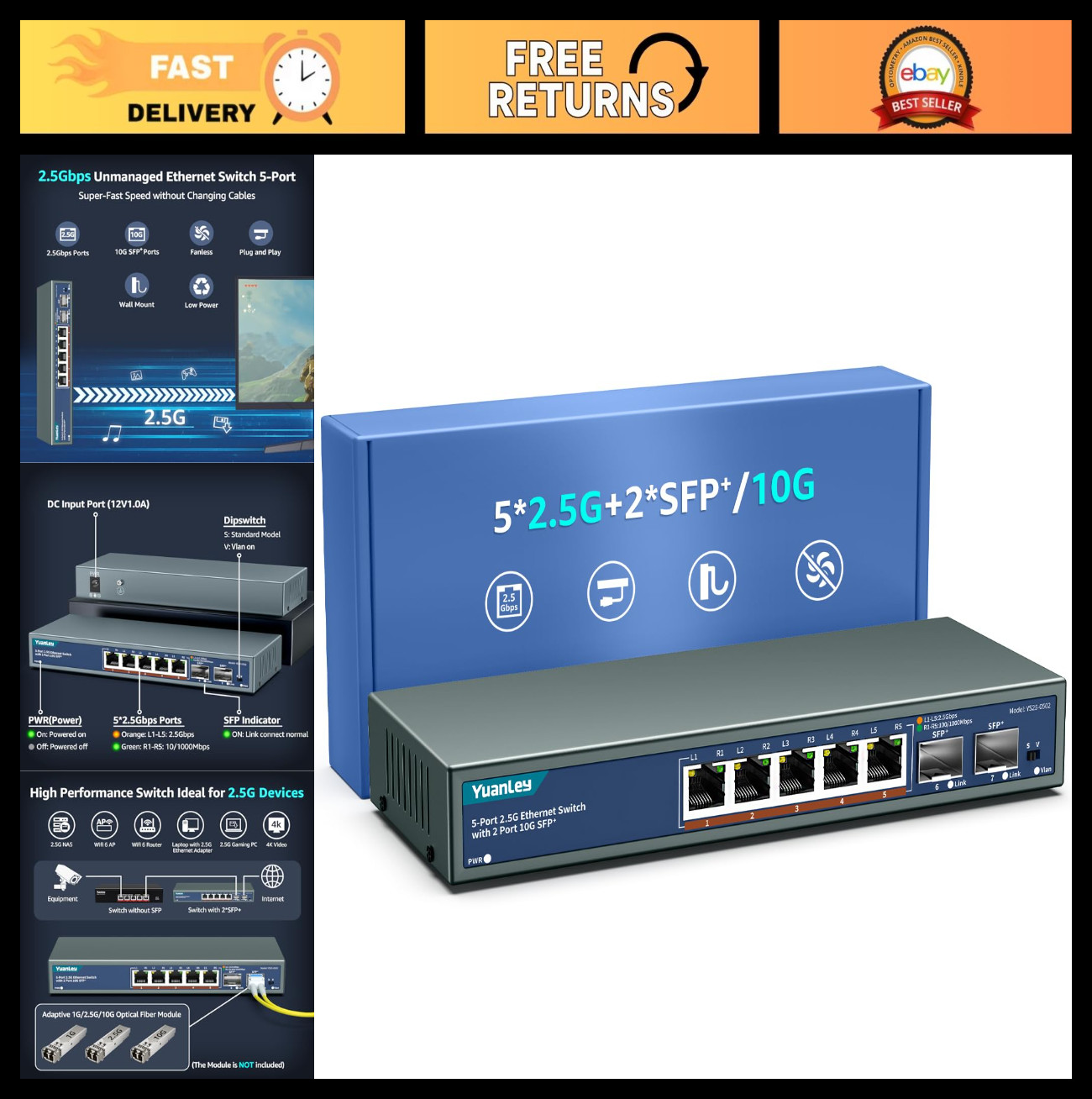 7-Port 2.5G Unmanaged Ethernet Switch, 5x 2.5G Ports, 2x 10G SFP, Fanless, VLAN