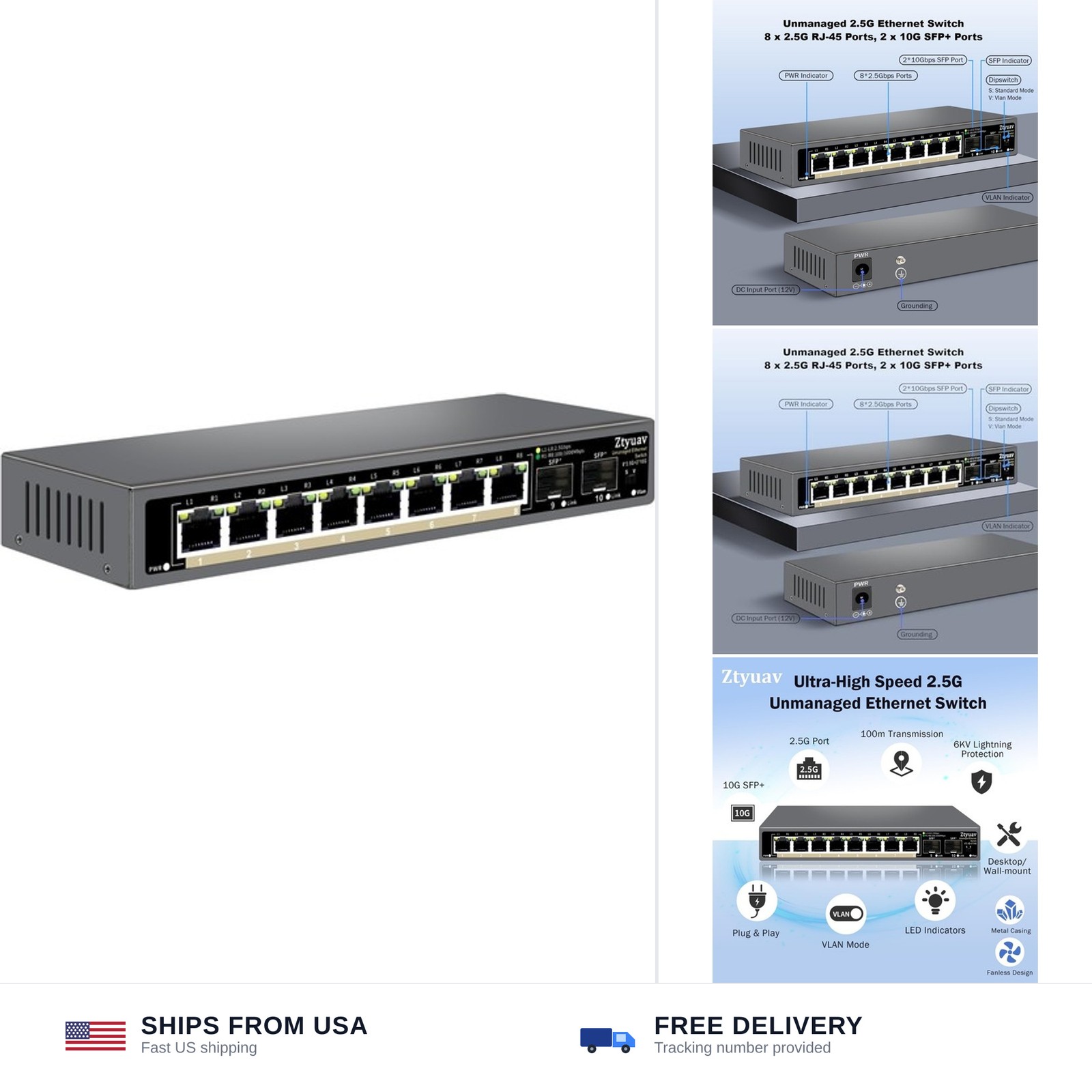 10 Port Unmanaged 2.5G Ethernet Switch with 8 x 2.5G RJ-45 Ports, 2 x 10G SFP…