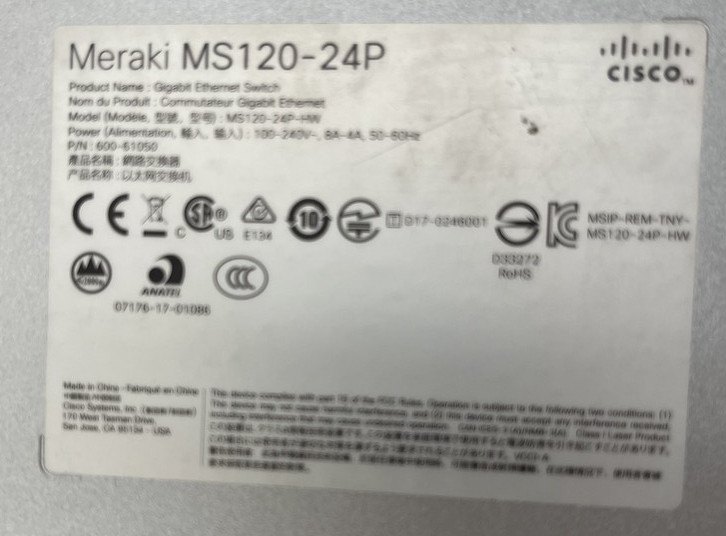 CISCO MS120-24P-HW MERAKI 24-PORT CLOUD RACK MOUNTABLE POE SWITCH UNCLAIMED