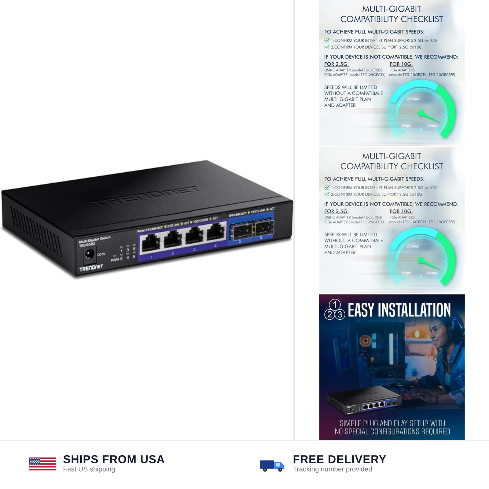 TRENDnet 6-Port Unmanaged Multi-Gig Switch, 4 x 2.5GBASE-T Ports, 2 x 10G SFP…
