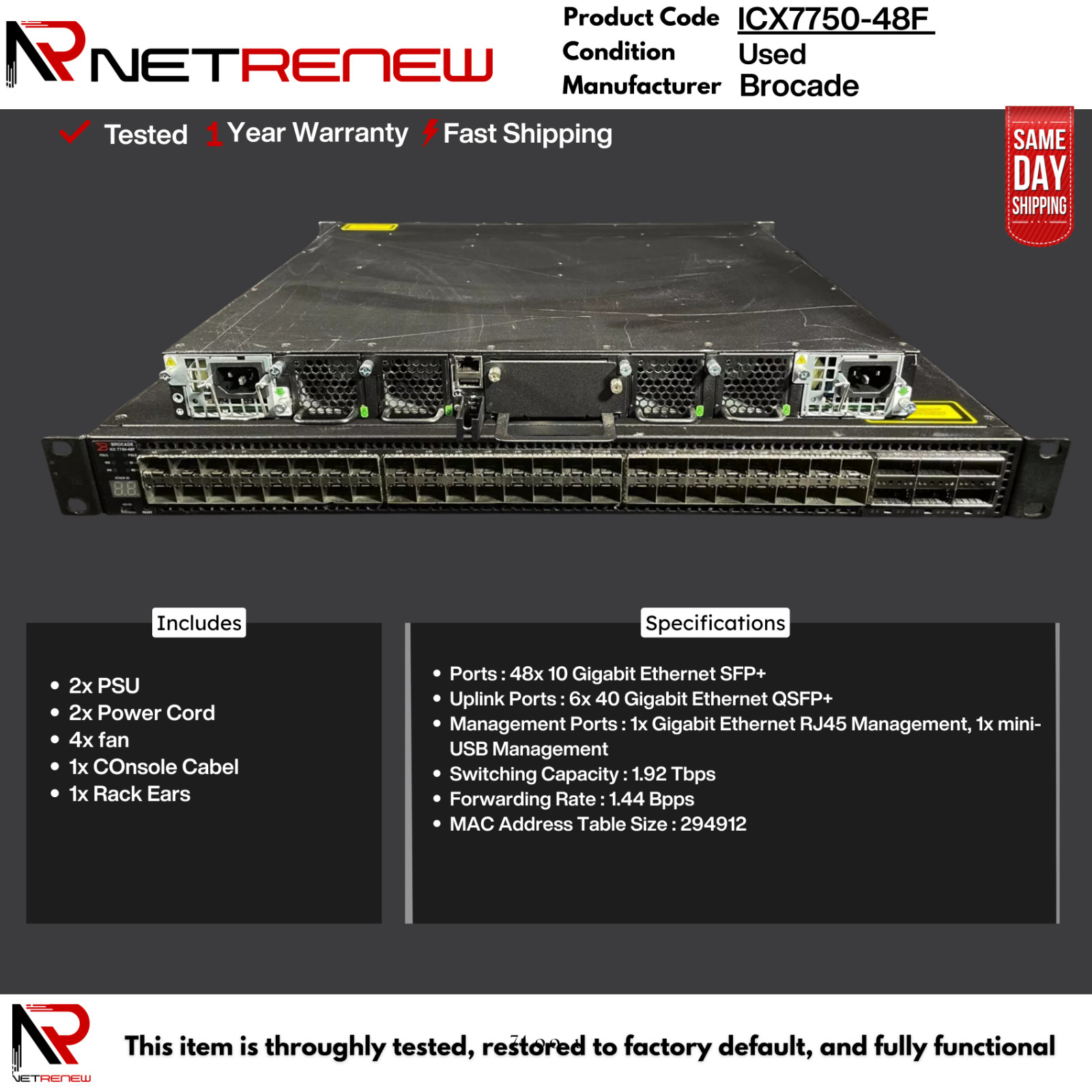 ICX7750-48F Brocade Switch 48P 10GbE SFP+ 4P 40GbE QSFP+