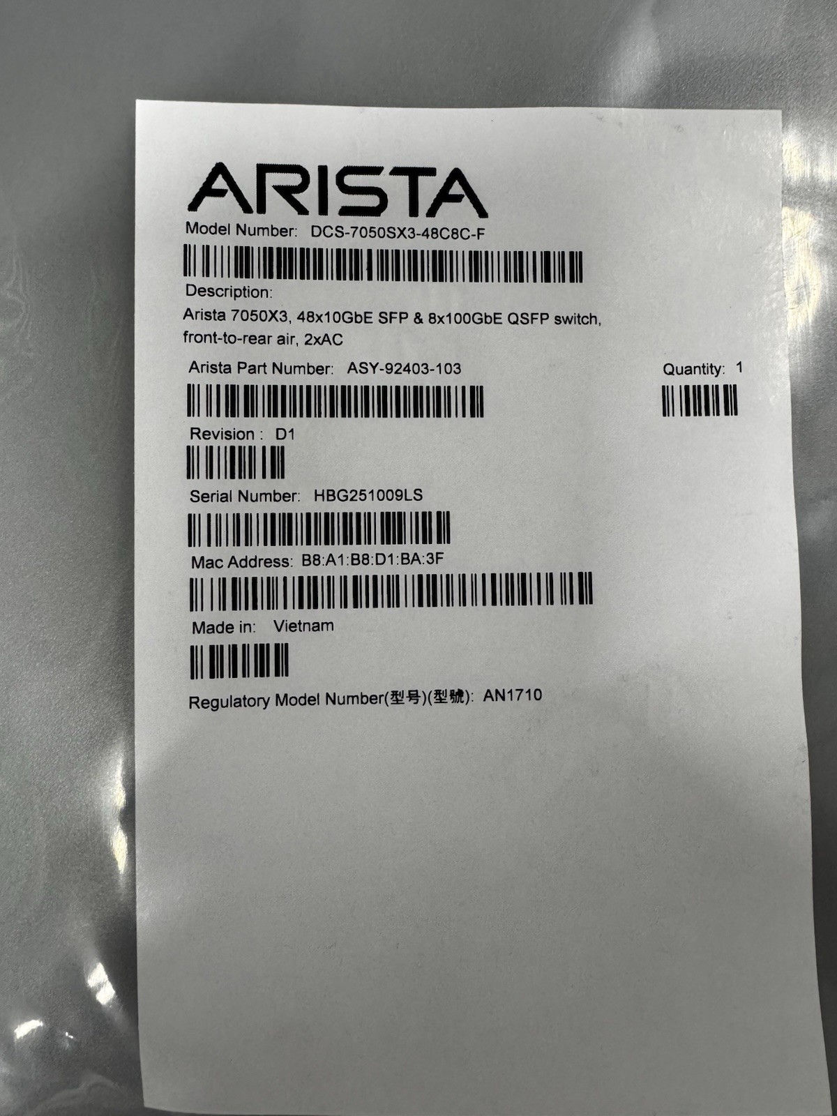Arista DCS-7050SX3-48C8C-F 48x10GbE + 8x100GbE Switch | NEW Factory-Sealed