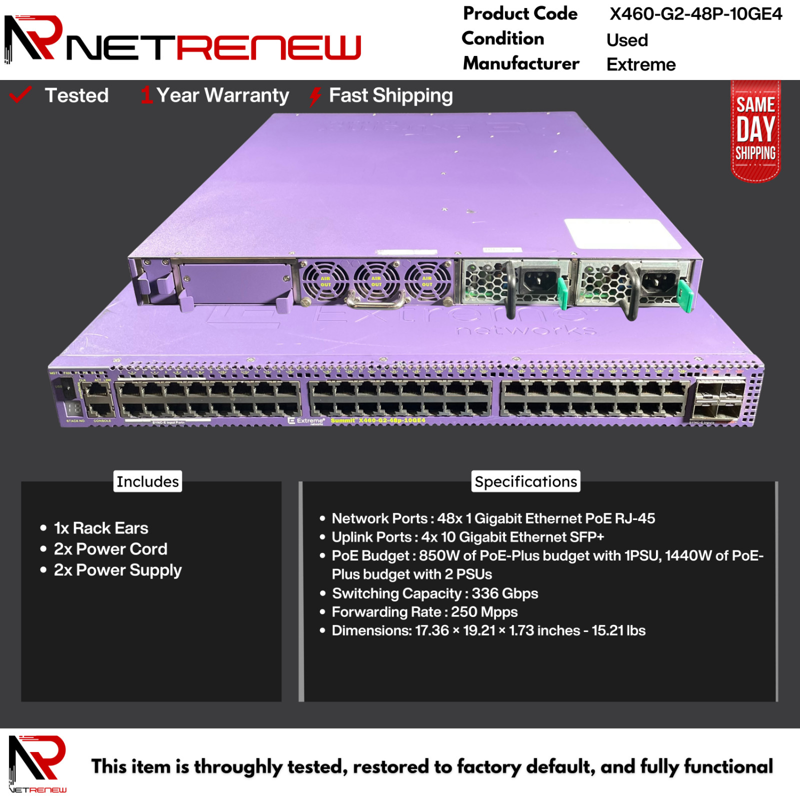 Extreme Networks X460-G2-48P-10GE4 48-Port PoE+ Gigabit Switch w/ 4x 10Gb SFP+