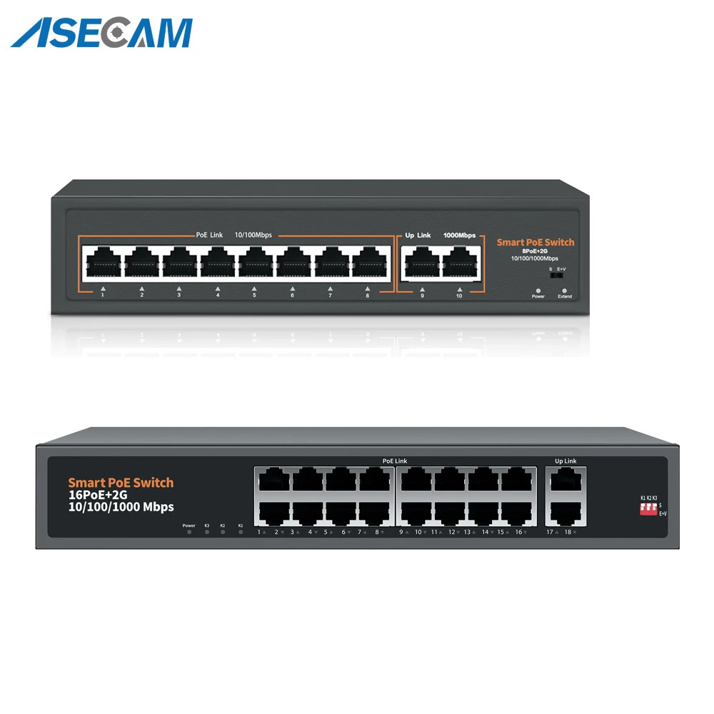 48V-52V PoE Switch 8/16 Port Gigabit IEEE 802.3af/at IP Camera CCTV Network
