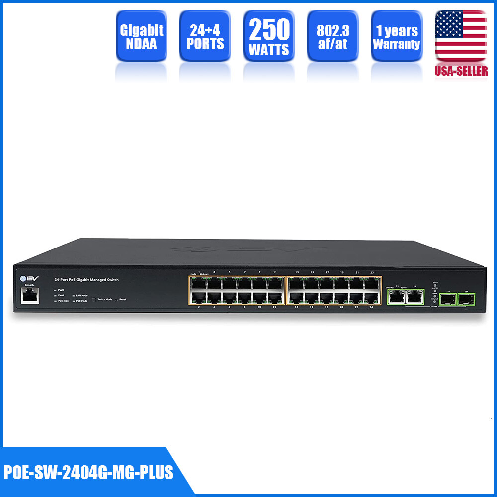 POE Switch 24 Ports+2 Ethernet +2 SFP Uplink 250W 802.3af/at Network IP Cameras