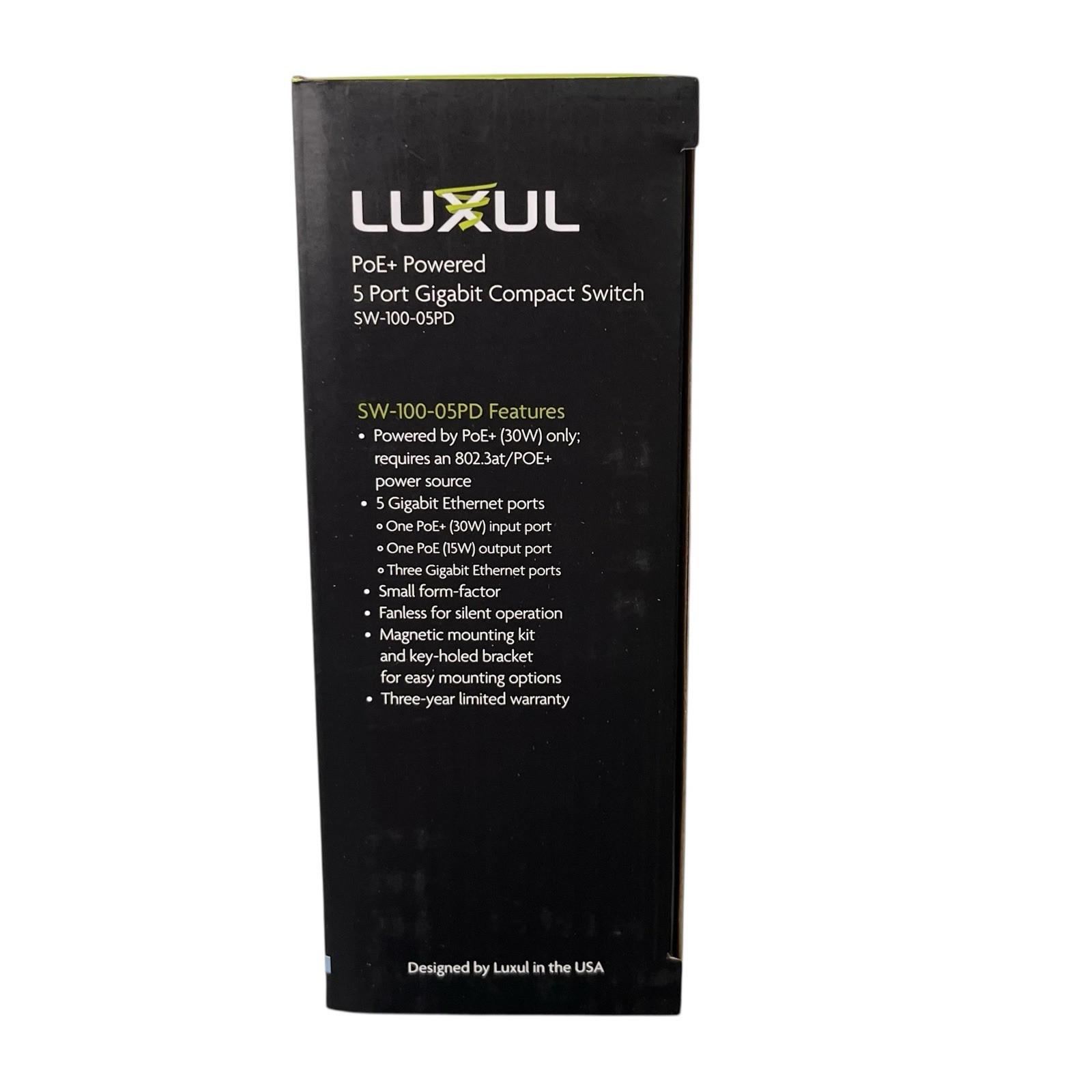 NIB Luxul PoE+ Powered 5 Port Gigabit Compact Switch SW-100-05PD Black