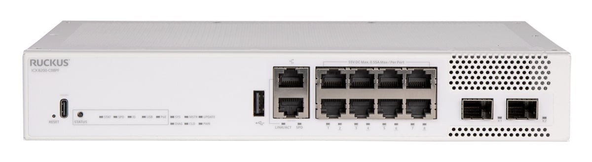 Ruckus ICX8200-C08PF | 8 x 10/100/1000 Mbps 802.3at Class 4 PoE | 124W