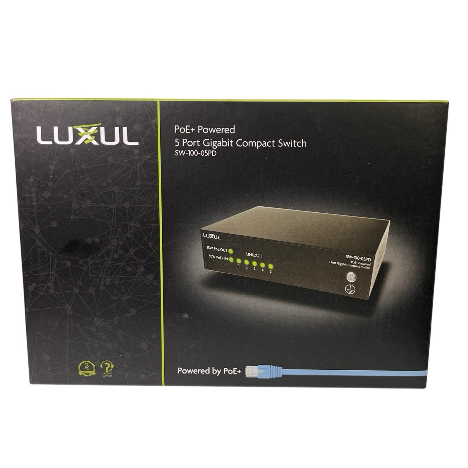 NIB Luxul PoE+ Powered 5 Port Gigabit Compact Switch SW-100-05PD Black