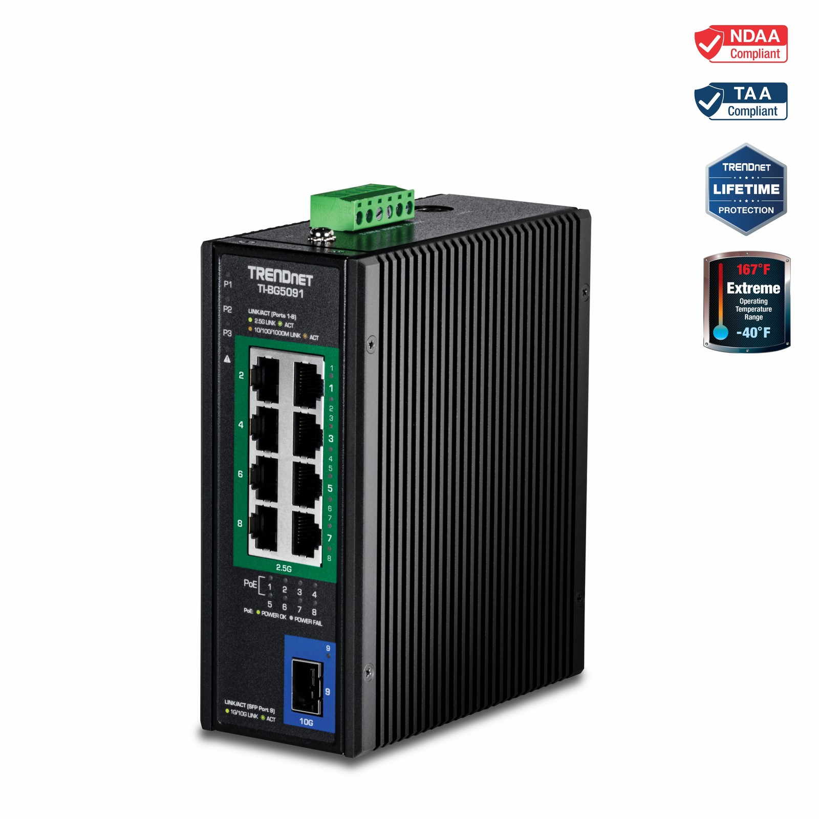 TRENDnet TI-BG5091, 9-Port Industrial 2.5G DIN-Rail PoE++ Switch with 10G SFP+