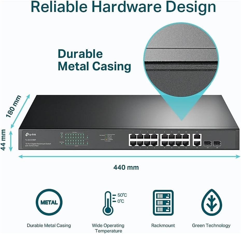 16 Port PoE+ Switch with 250W, High-Speed Connections, Metal Casing, Plug & Play