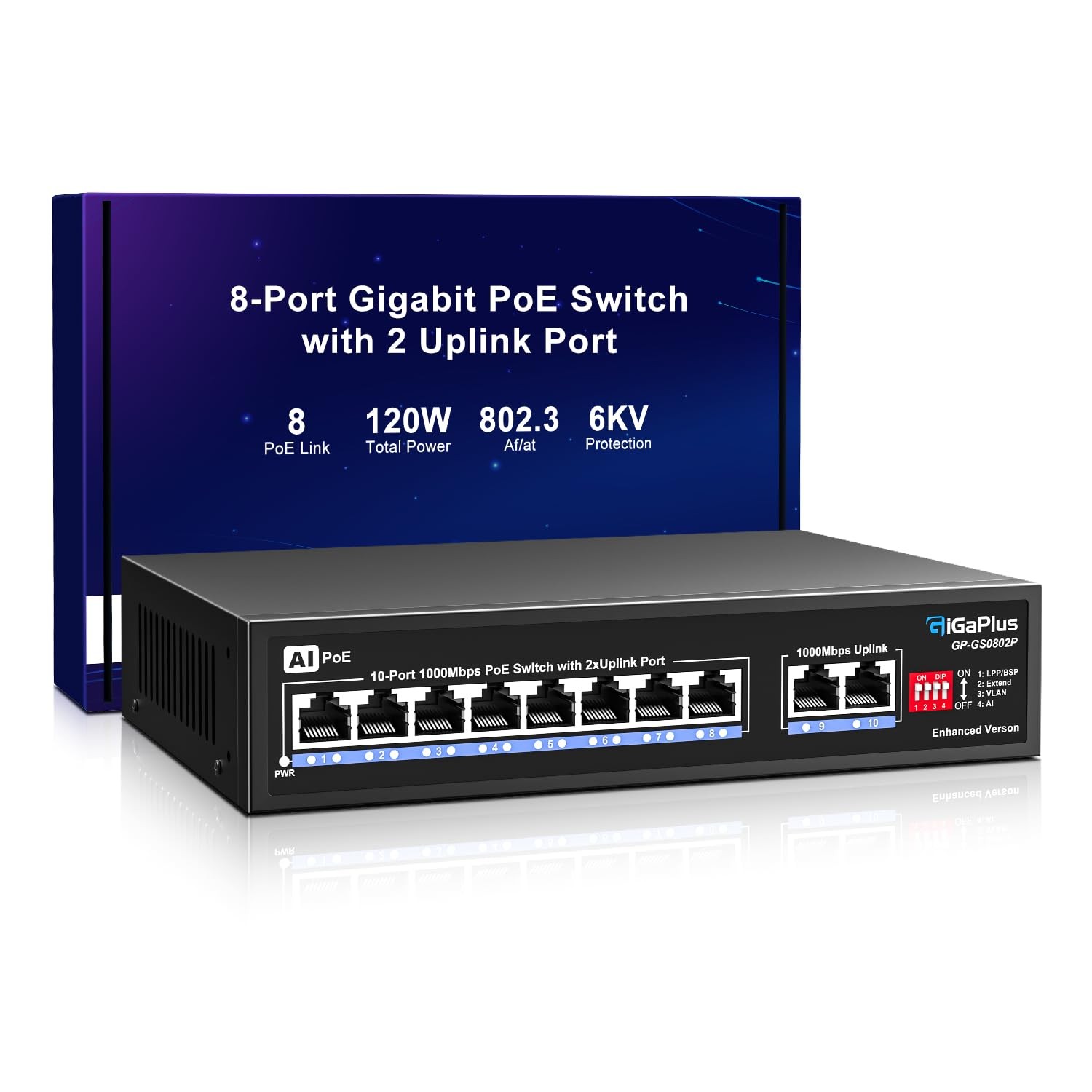 10 Port Gigabit PoE Switch with 8 Port PoE+ 1000Mbps, 2x1000Mbps Uplink, 10 P…