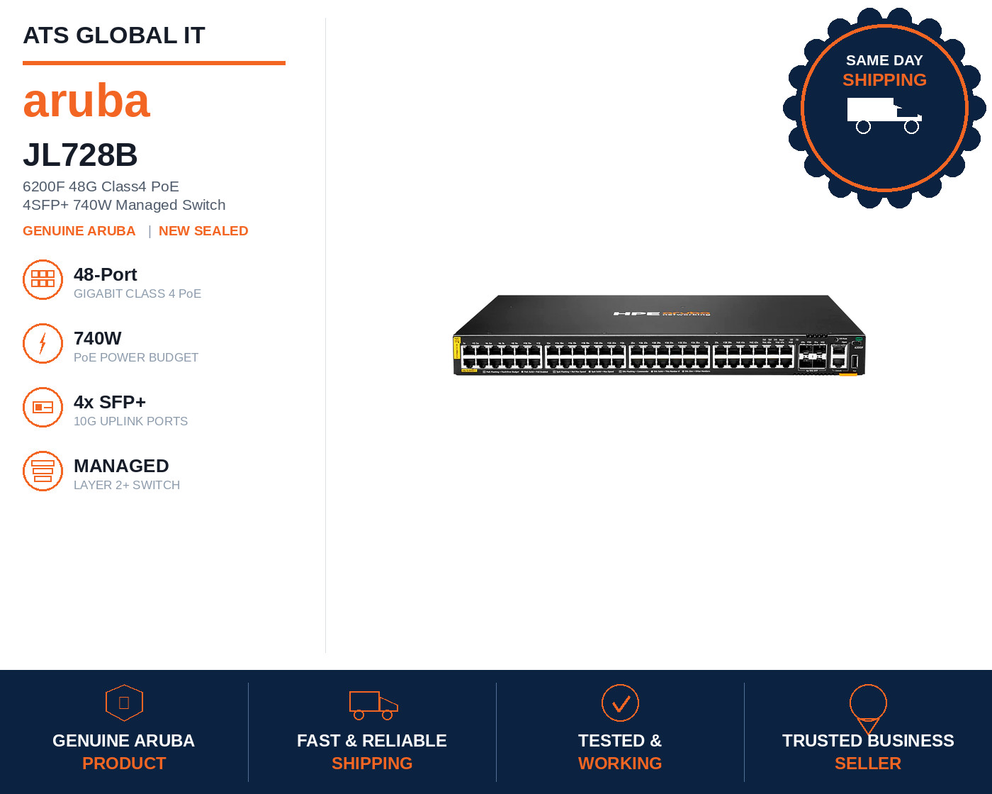 Aruba JL728B 6200F 48G Class4 PoE 4SFP+ 740W Managed Switch New Sealed
