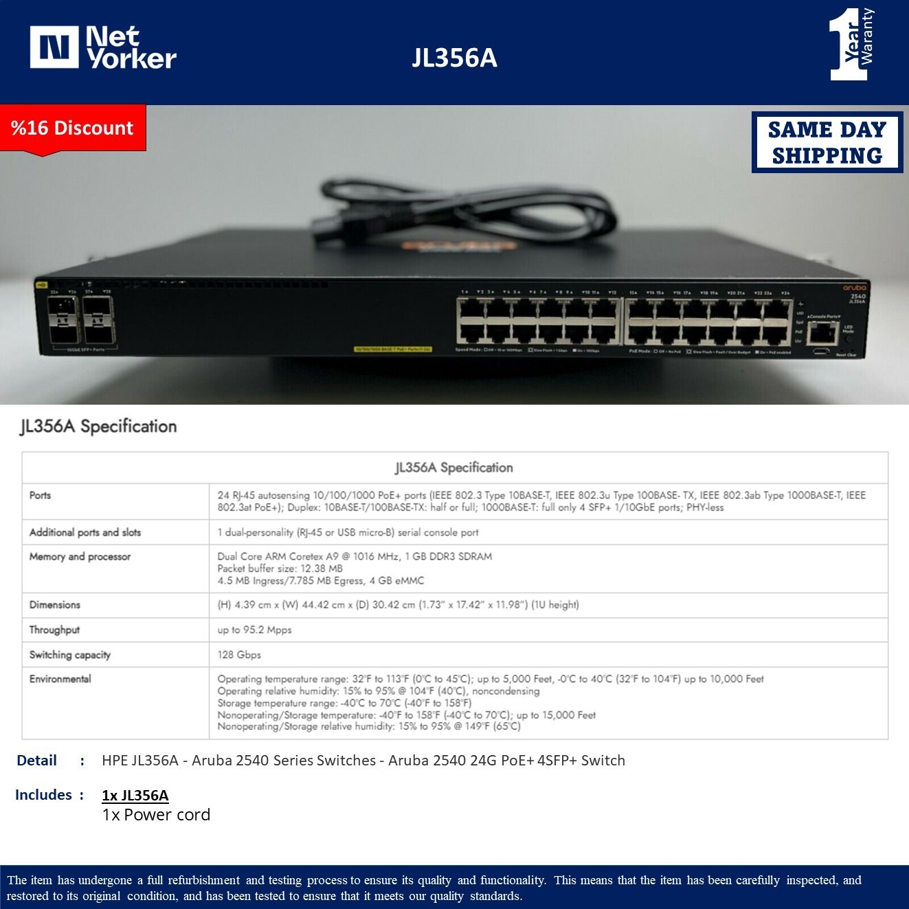 HPE Aruba JL356A 2540-24G-POE+ 24 Port PoE+ 4 x SFP+ Switch – Same Day Shipping