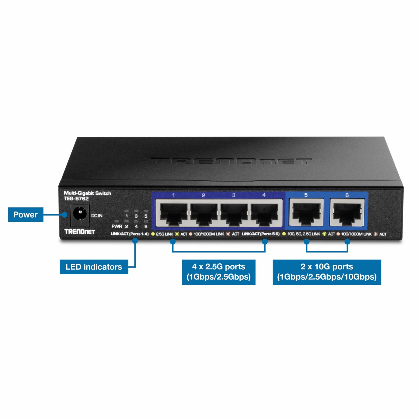 TRENDnet 6-Port 10G Switch 4 x 2.5G RJ-45 Base-T Ports TEGS762