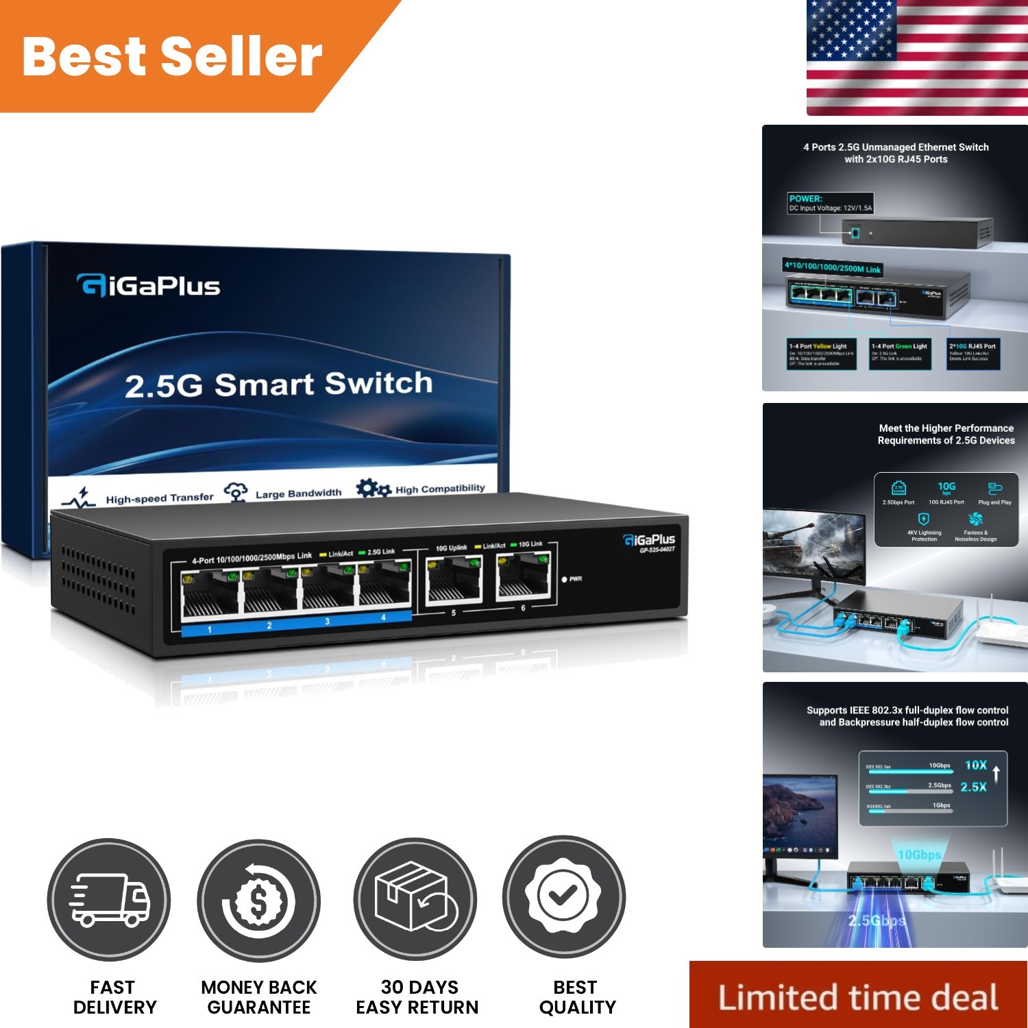 6 Port Plug & Play 10Gb Ethernet Switch – 4×2.5G & 2x10G for Fast Networking