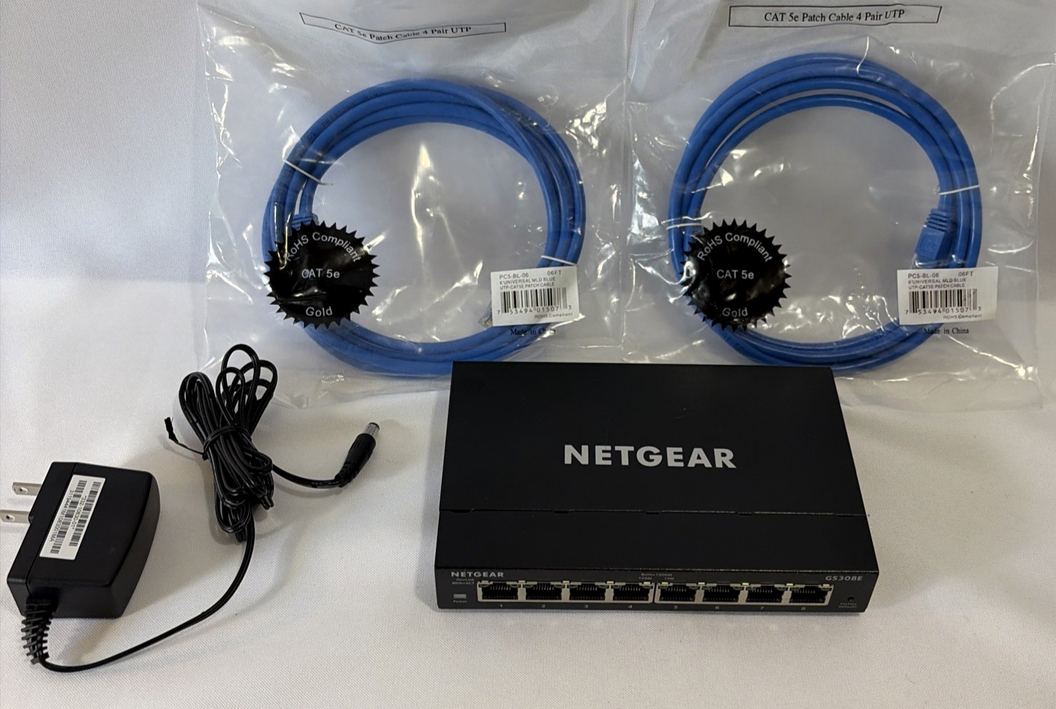 Netgear GS308E 8 Port Smart Managed Plus Ethernet Switch w/ 2 New Patch Cables