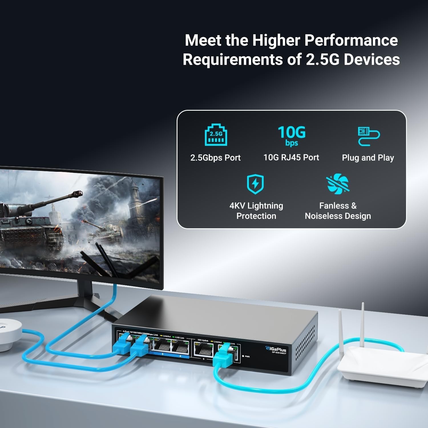 6 Ports 10Gb Unmanaged Ethernet Switch with 4*2.5G Base-T Ports, 2*10G RJ45 P…