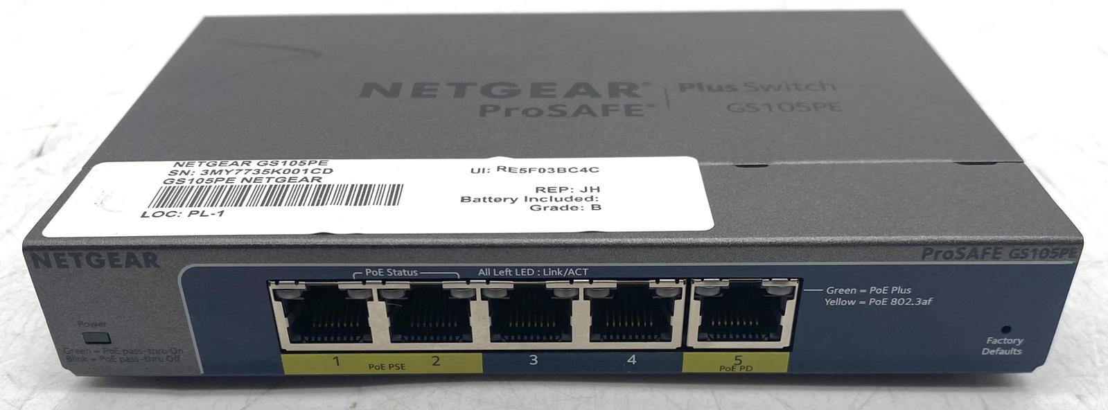 NETGEAR PROSAFE PLUS GS105PE 5-PORT GB POE PASS-THOUGH SWITCH