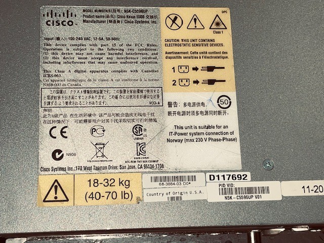CISCO NEXUS N5K-C5596UP 48-PORT FABRIC SWITCH W/ DUAL PSU