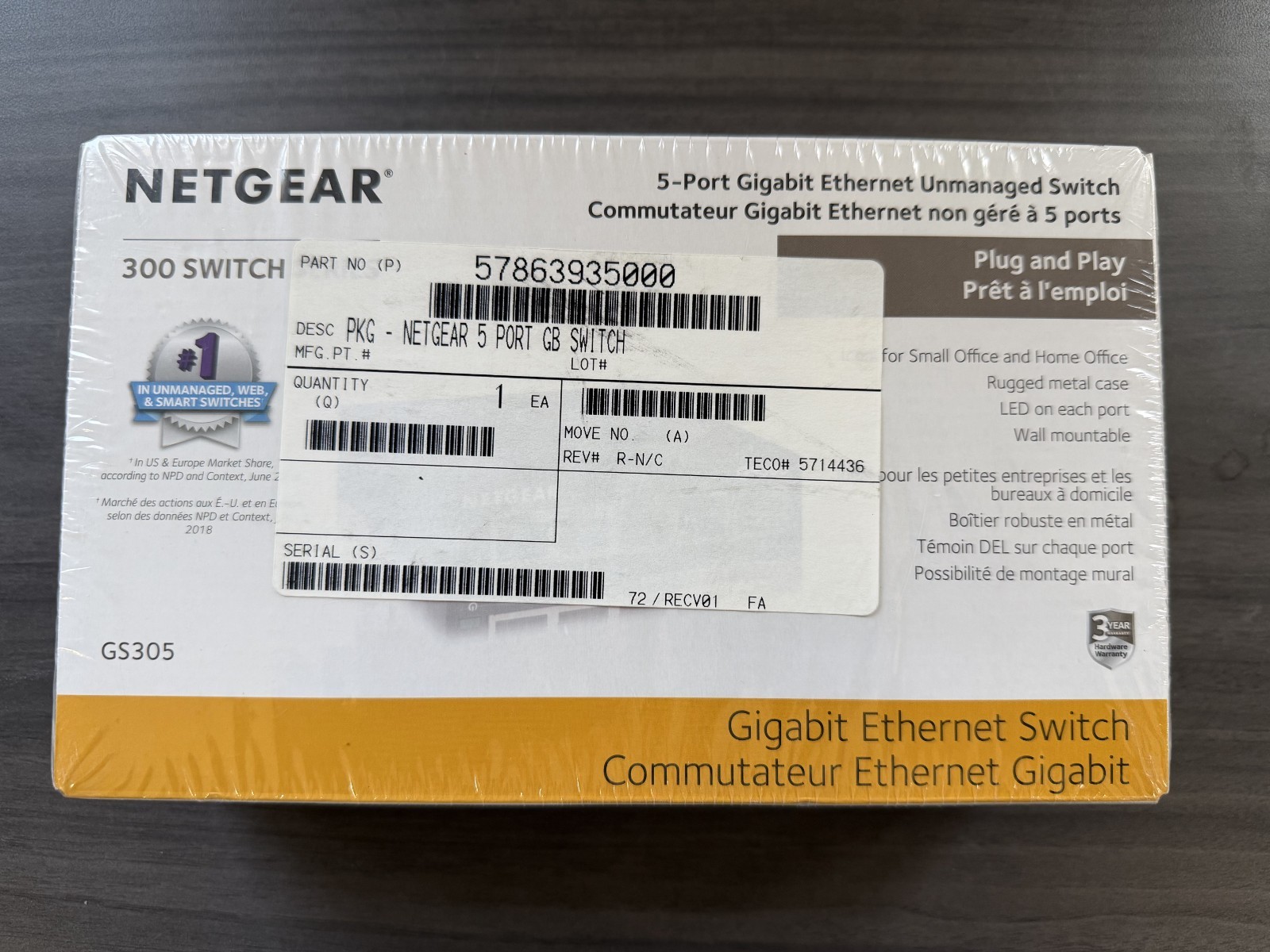 NETGEAR GS305 5 Port Gigabit Ethernet Unmanaged Switch – New in Box