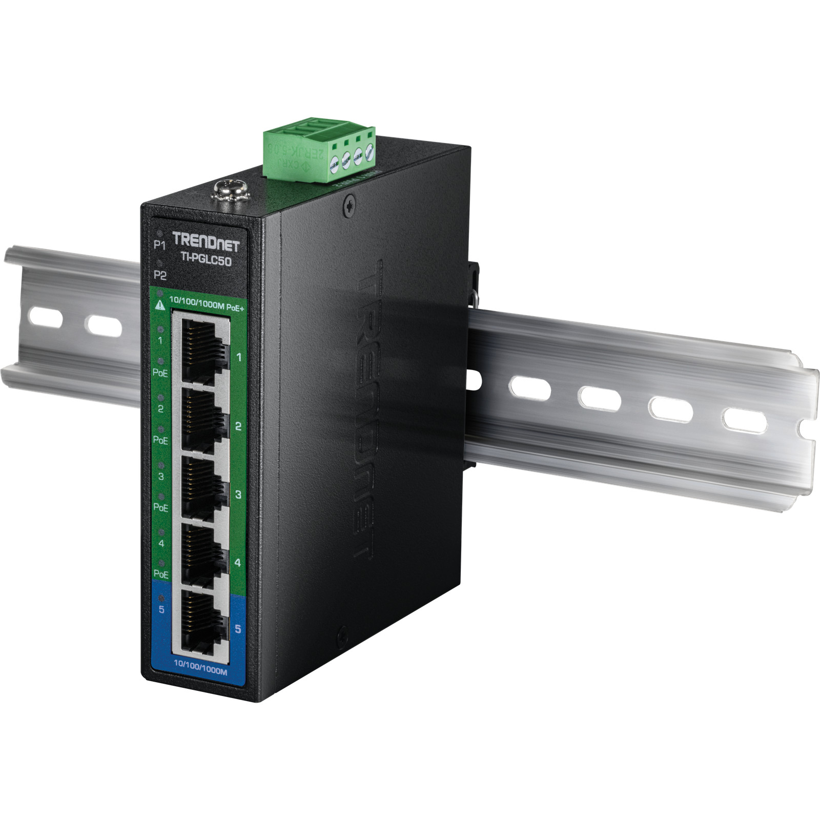 TRENDnet TI-PGLC50, 5-Port Industrial Gigabit PoE+ DIN-Rail Mini Switch