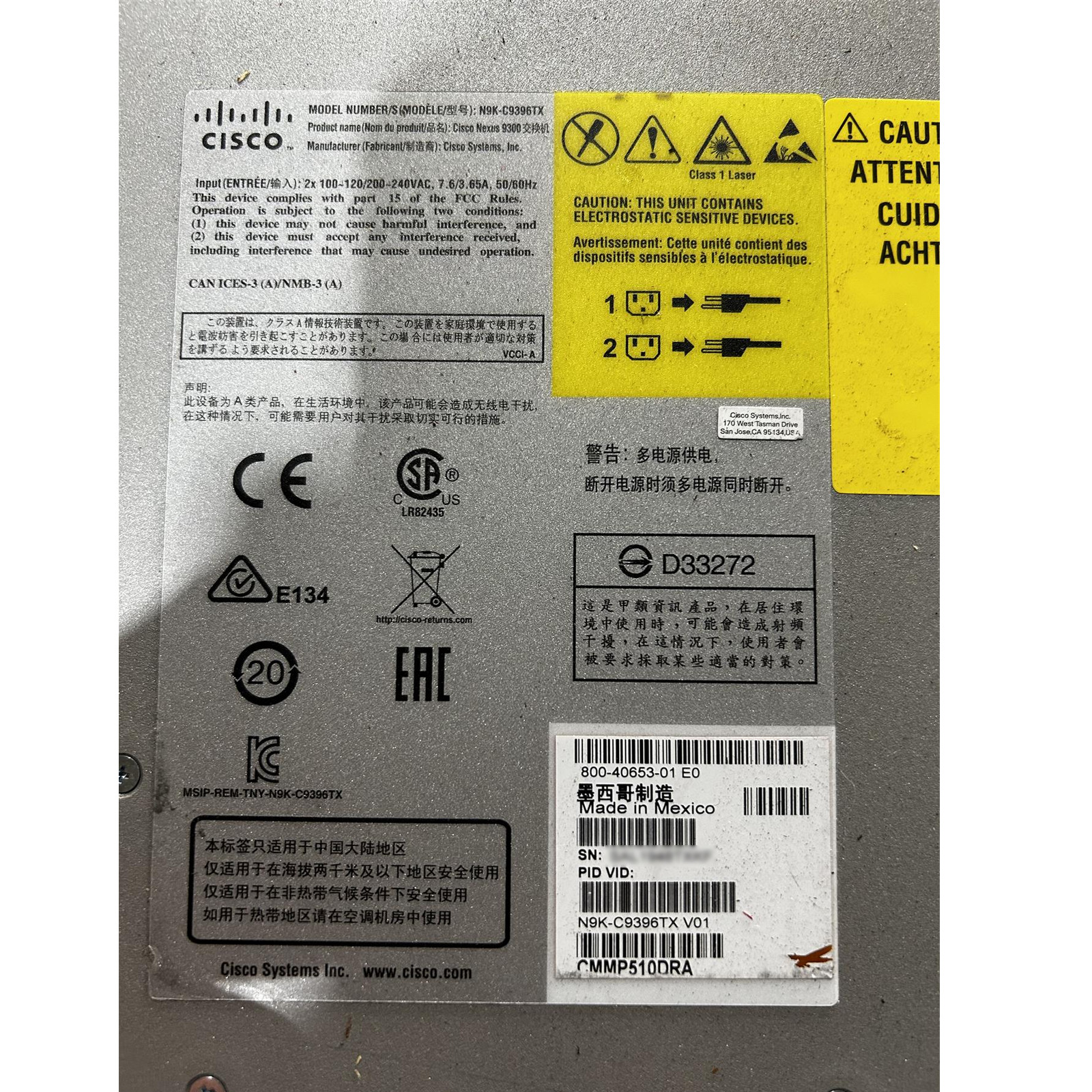 48 Port 10GB RJ45 Cisco Nexus N9K-C9396TX Switch Dual PSU | 6x 40GbE QSFP+