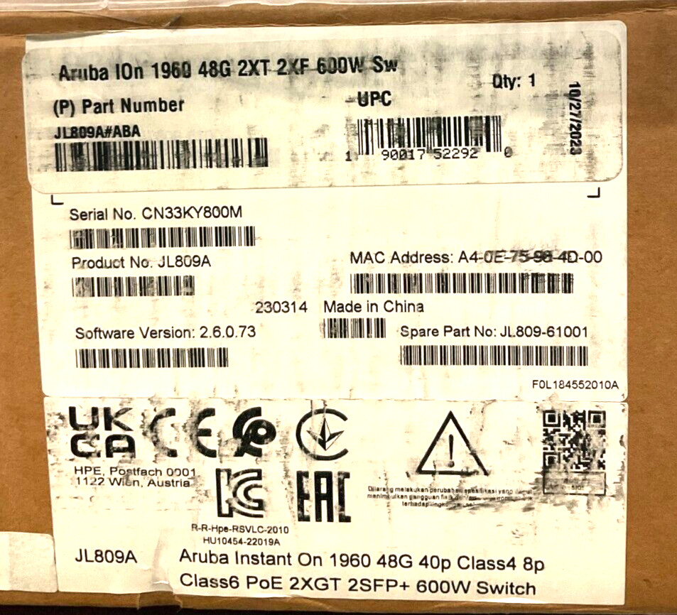 HPE Aruba Instant On 1960 48 port 10 100 1000 PoE+ Switch JL809A#ABA New Open Rd